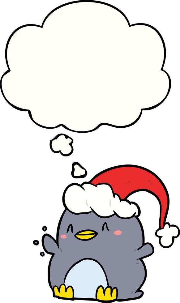 cartoon penguin wearing christmas hat and thought bubble vector