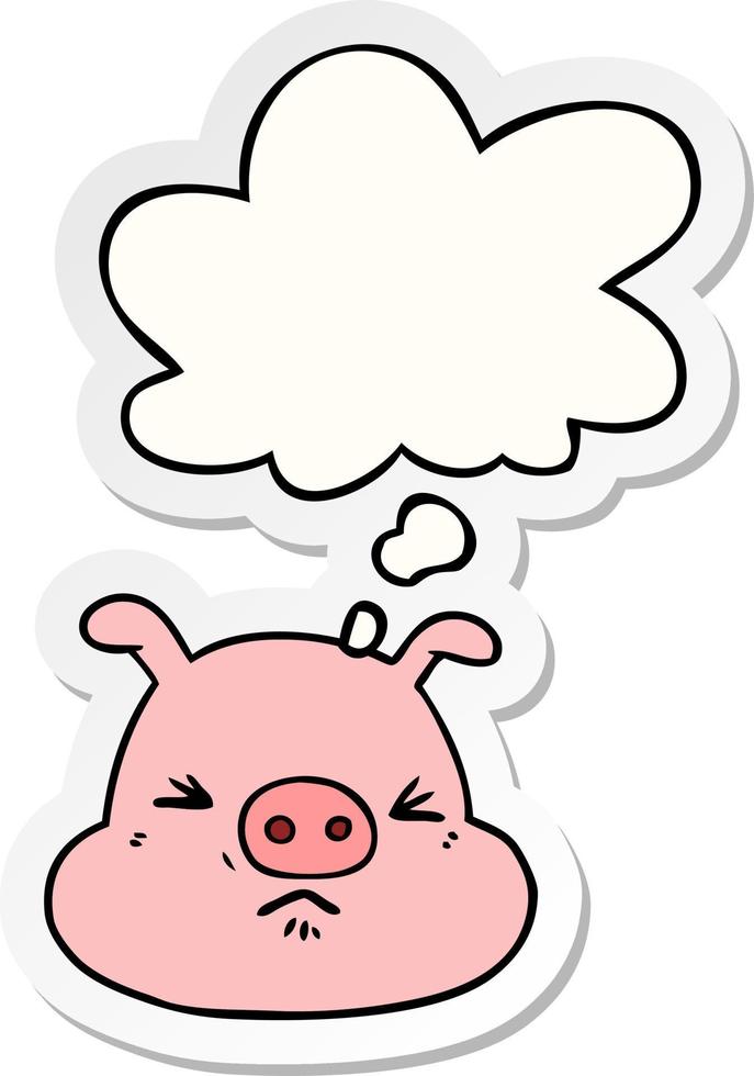 cartoon angry pig face and thought bubble as a printed sticker vector