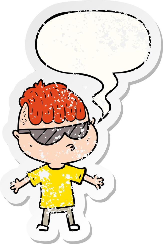 cartoon boy wearing sunglasses and speech bubble distressed sticker vector