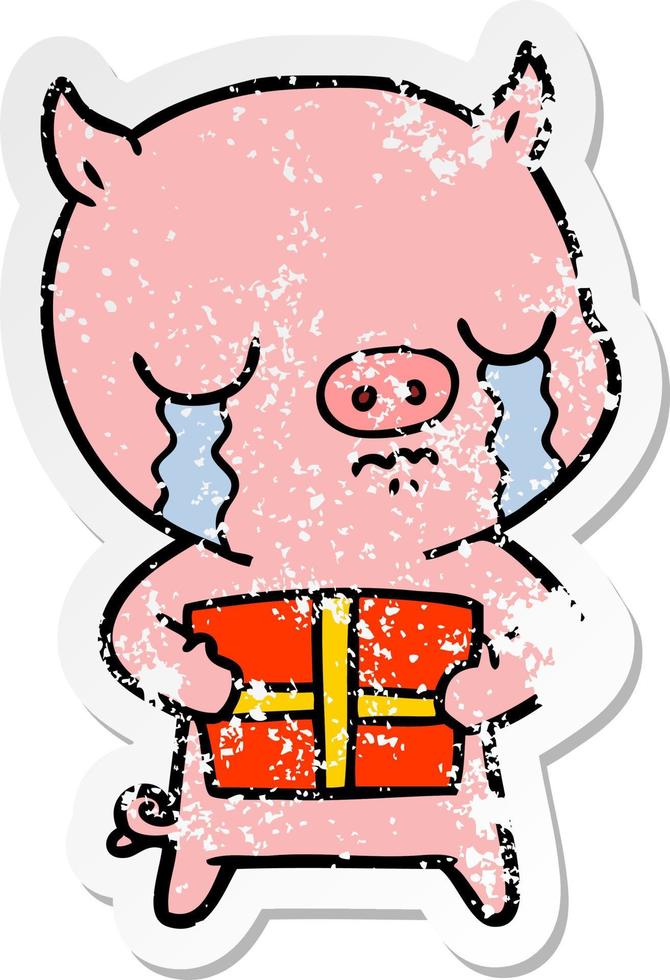 distressed sticker of a cartoon pig crying over christmas present vector
