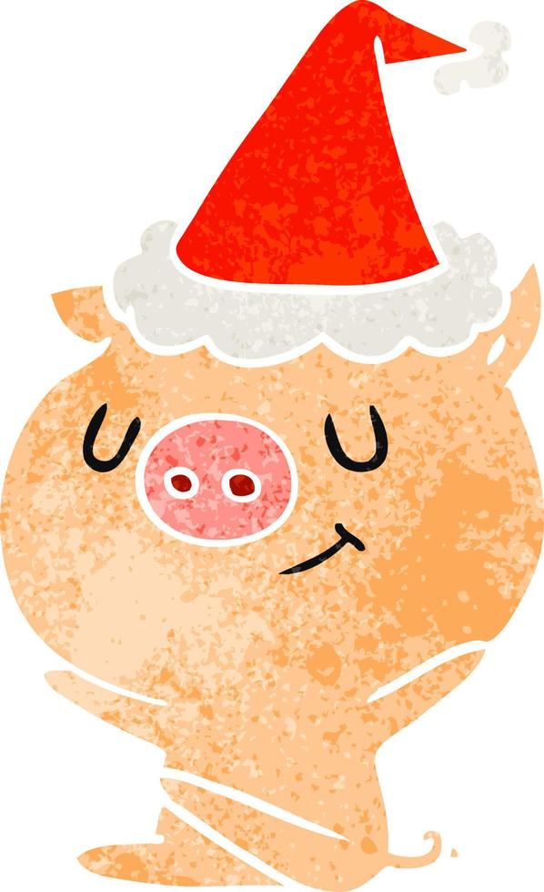 happy retro cartoon of a pig wearing santa hat vector