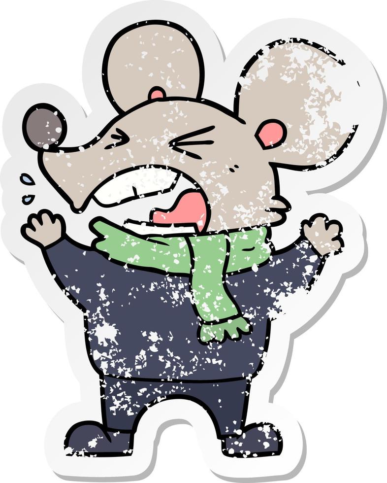 distressed sticker of a cartoon angry mouse vector