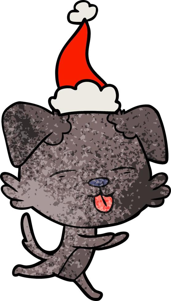 textured cartoon of a dog sticking out tongue wearing santa hat vector