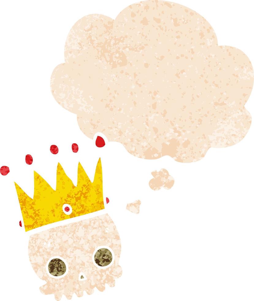 cartoon skull with crown and thought bubble in retro textured style vector