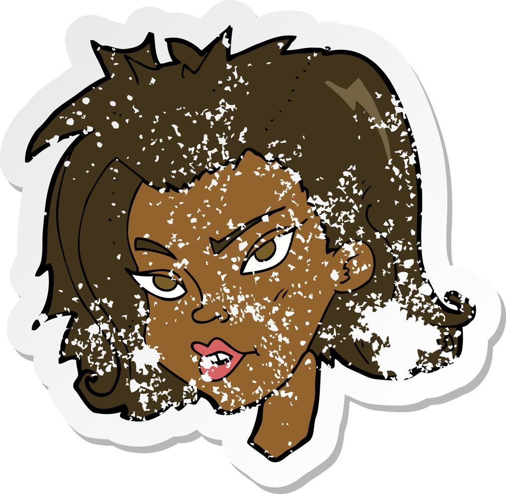 retro distressed sticker of a cartoon female face vector