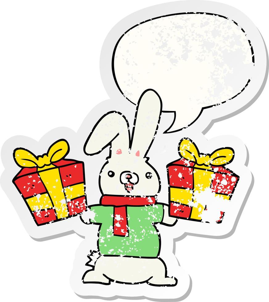 cartoon rabbit and christmas presents and speech bubble distressed sticker vector