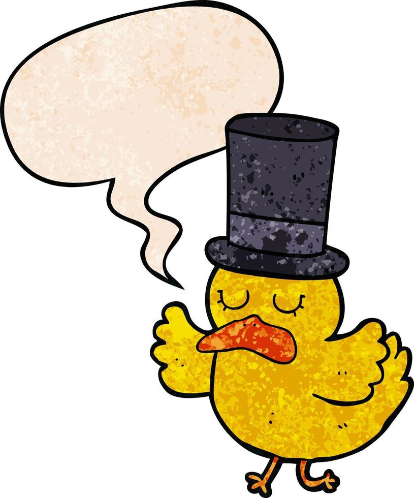 pato de dibujos animados con sombrero de copa y burbuja de habla en estilo de textura retro vector