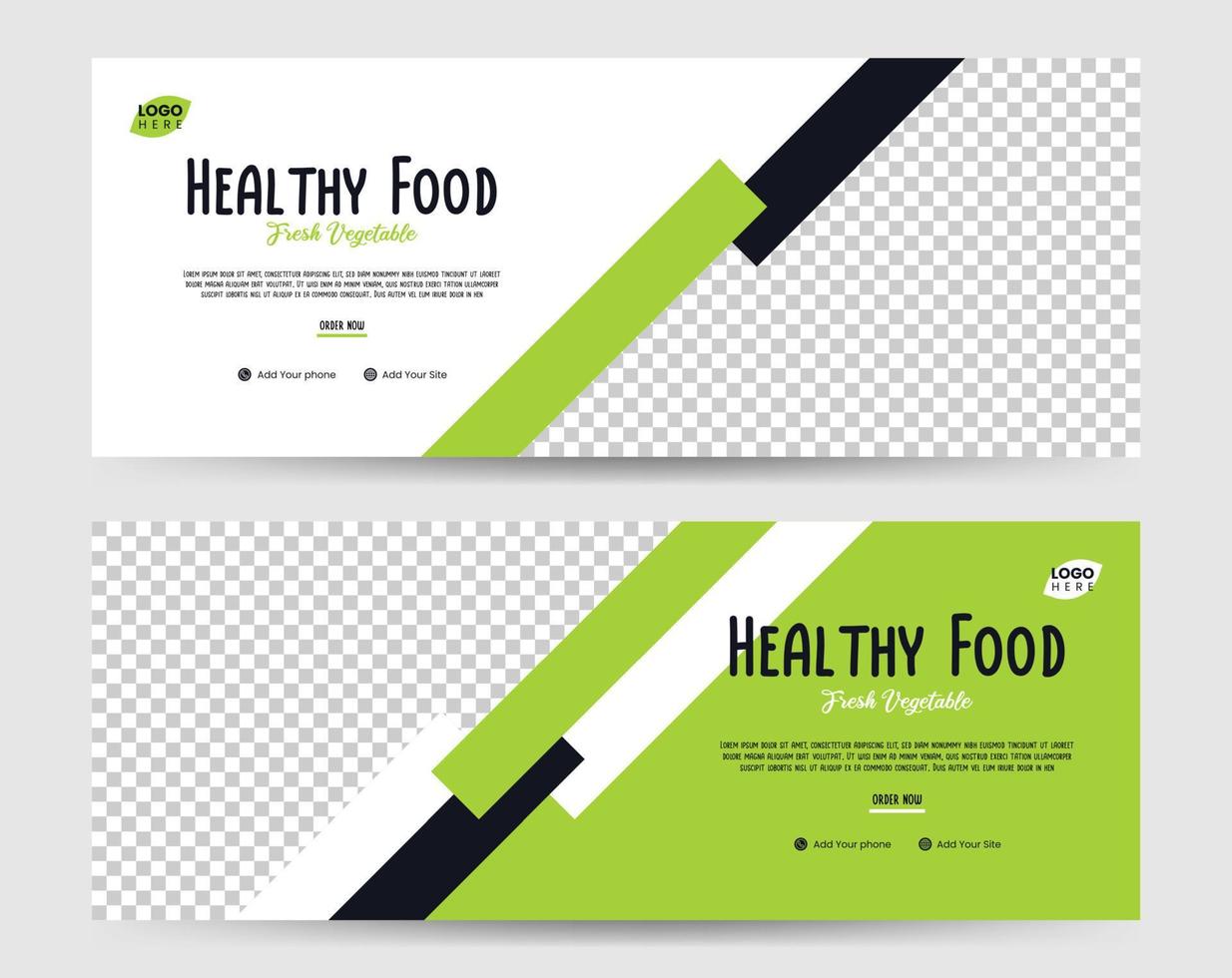 diseño de banner moderno para anuncios en medios sociales, banner para publicidad de alimentos saludables fondo de color blanco verde vector