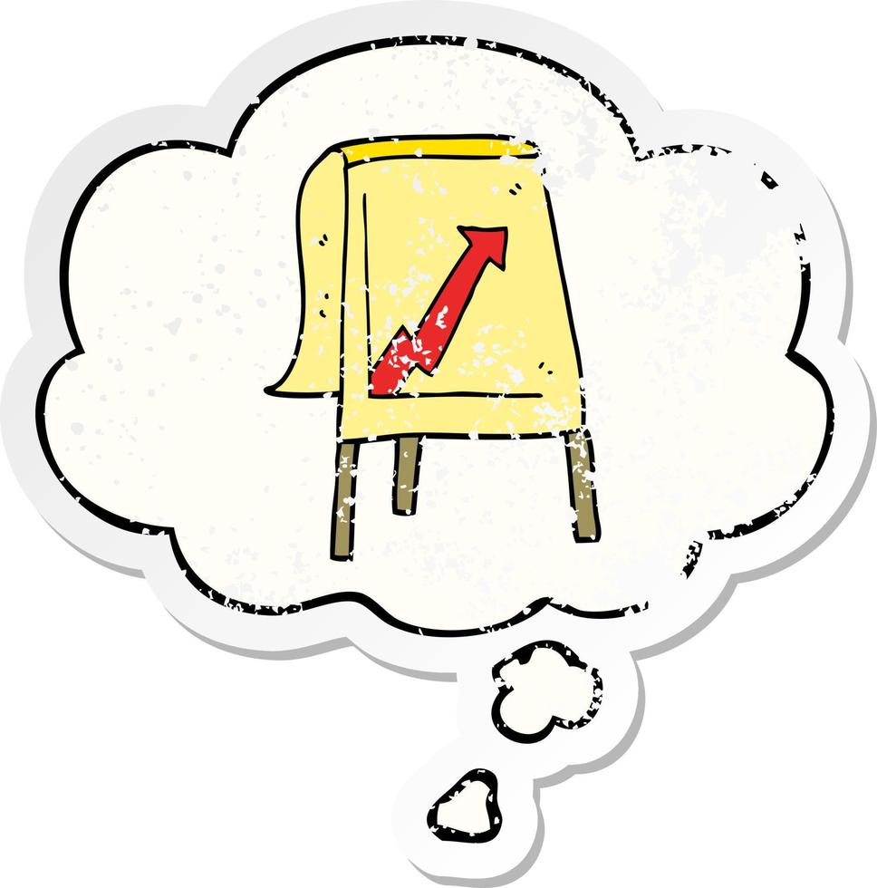 cartoon business chart with arrow and thought bubble as a distressed worn sticker vector