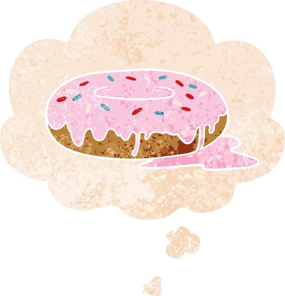 cartoon donut and thought bubble in retro textured style vector