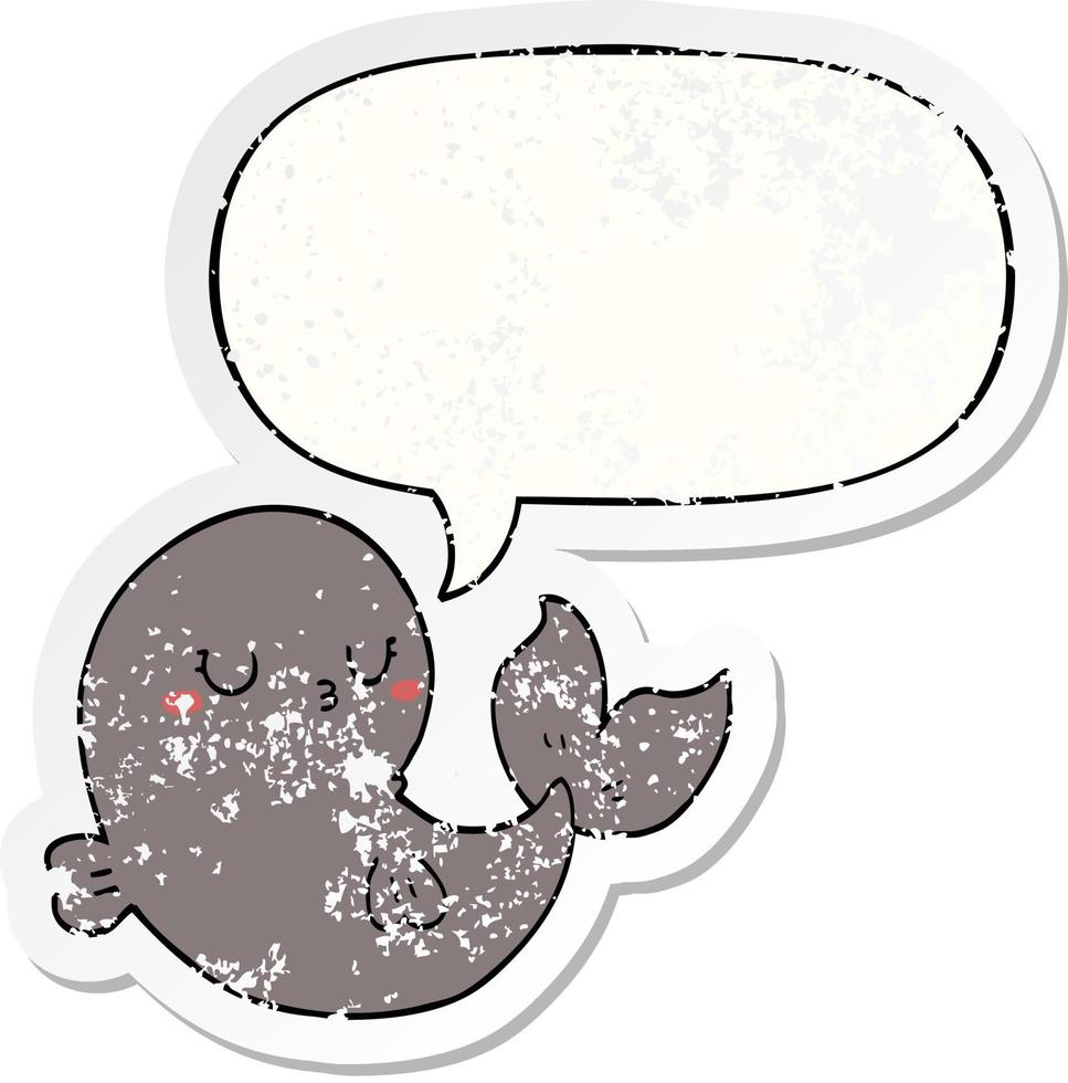 cute cartoon whale and speech bubble distressed sticker vector