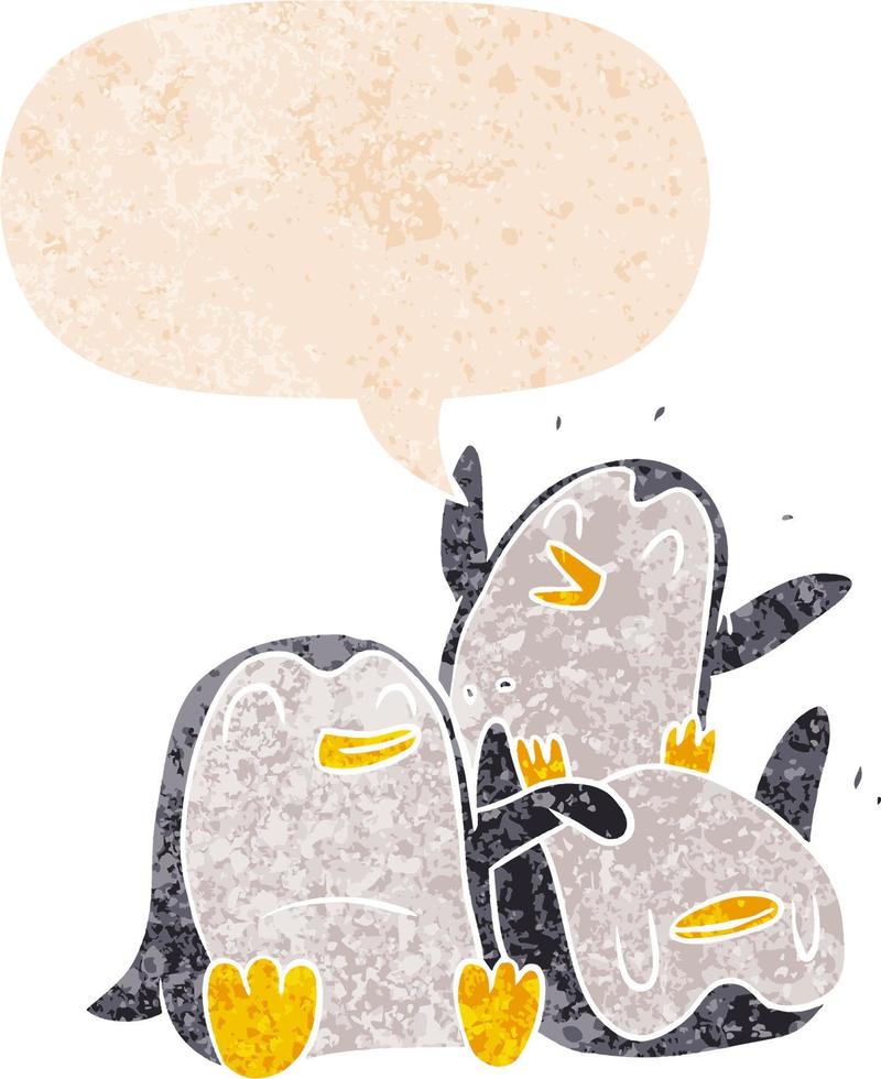 pingüinos de dibujos animados y burbujas de habla en estilo retro texturizado vector