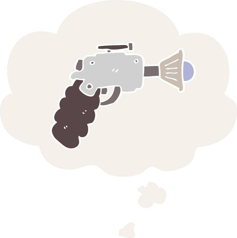 pistola de rayos de dibujos animados y burbuja de pensamiento en estilo retro vector