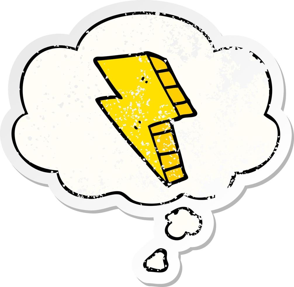 cartoon lightning bolt and thought bubble as a distressed worn sticker vector