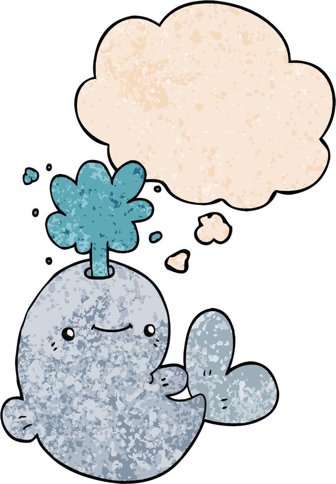 cartoon whale spouting water and thought bubble in grunge texture pattern style vector