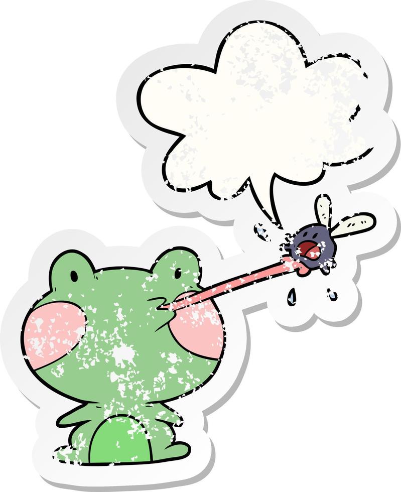 cute cartoon frog catching fly and tongue and speech bubble distressed sticker vector