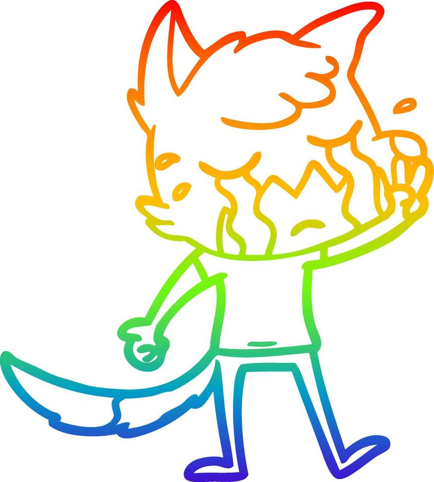 rainbow gradient line drawing crying waving fox cartoon vector