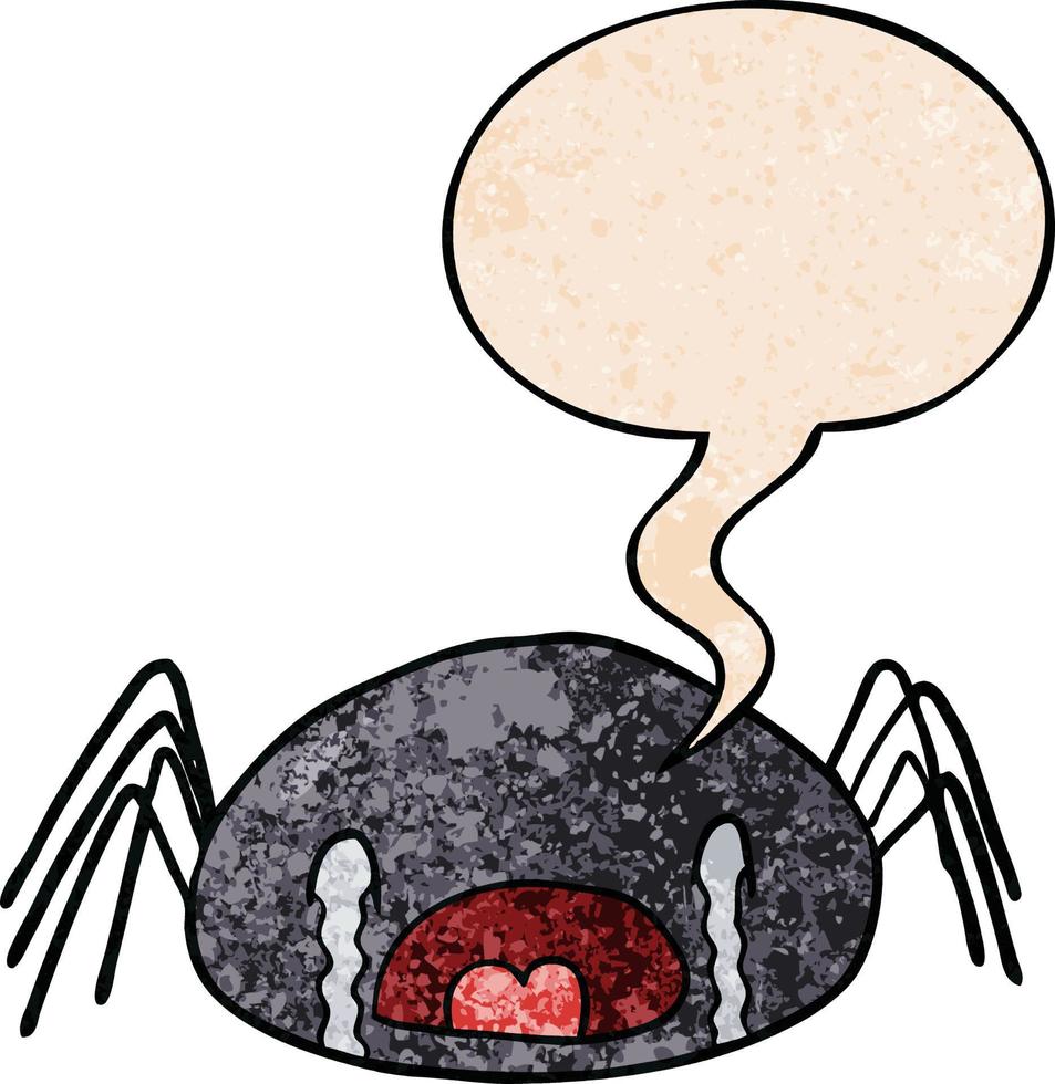 cartoon halloween spider crying and speech bubble in retro texture style vector