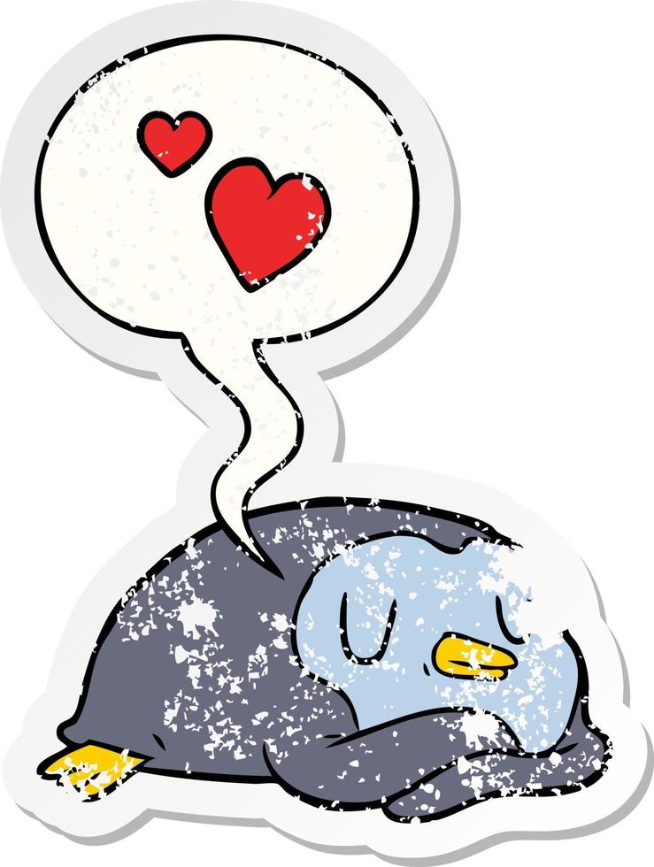 cartoon penguin and love hearts and speech bubble distressed sticker vector