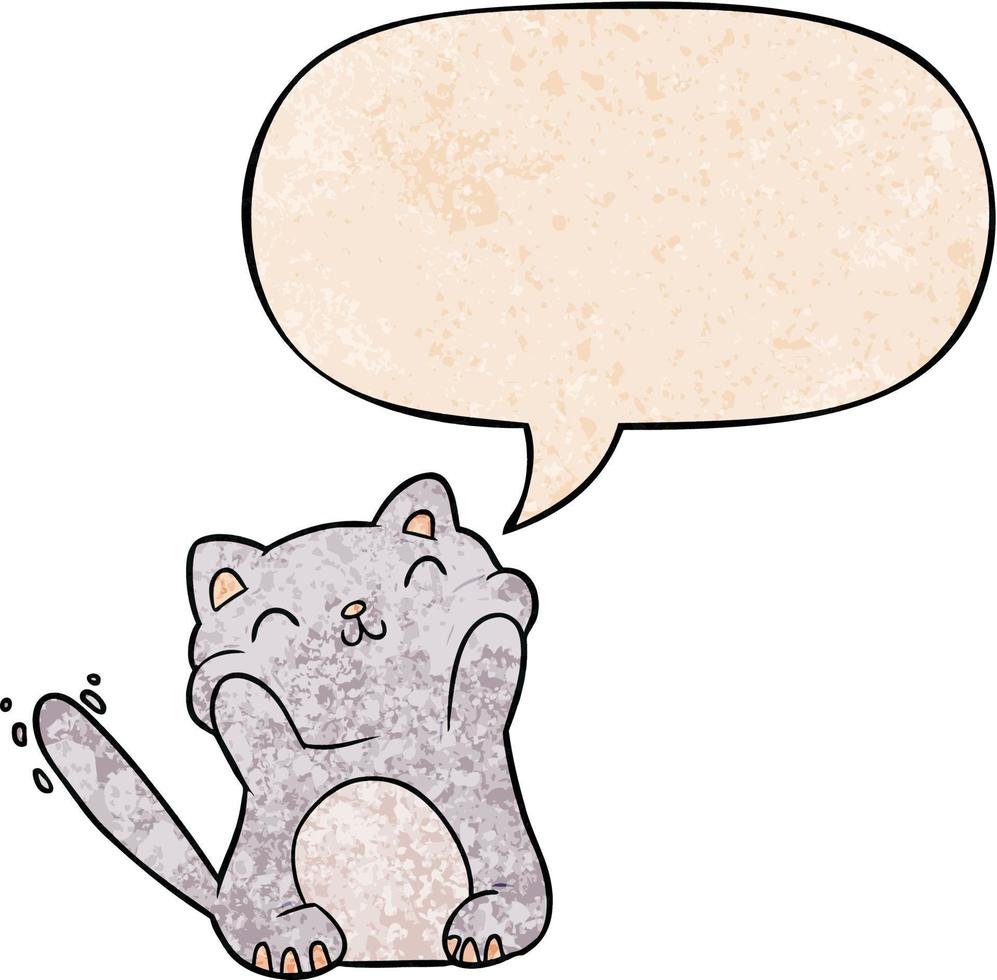 muy feliz lindo gato de dibujos animados y burbuja de habla en estilo de textura retro vector