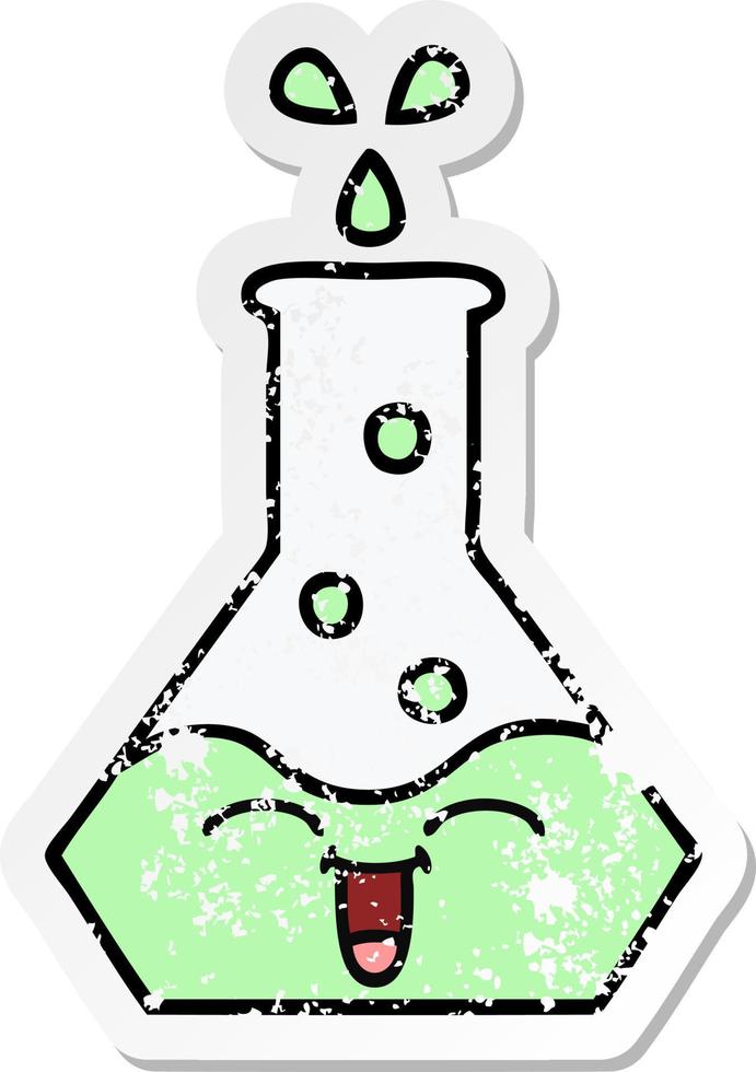 distressed sticker of a cute cartoon science beaker vector
