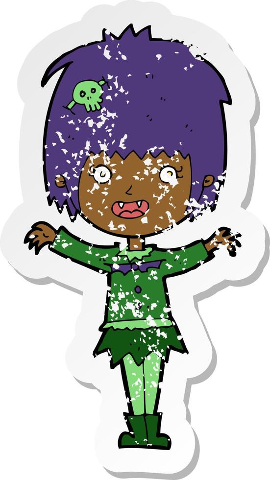 retro distressed sticker of a cartoon happy vampire girl vector