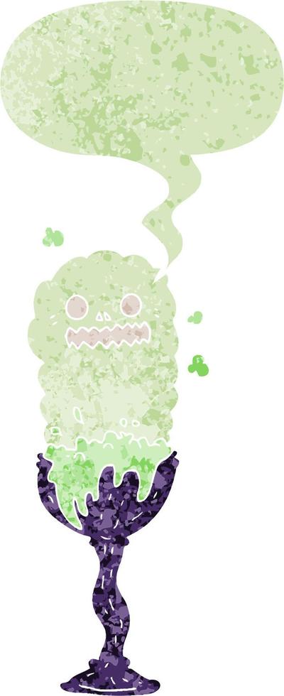 cartoon spooky halloween potion cup and speech bubble in retro textured style vector