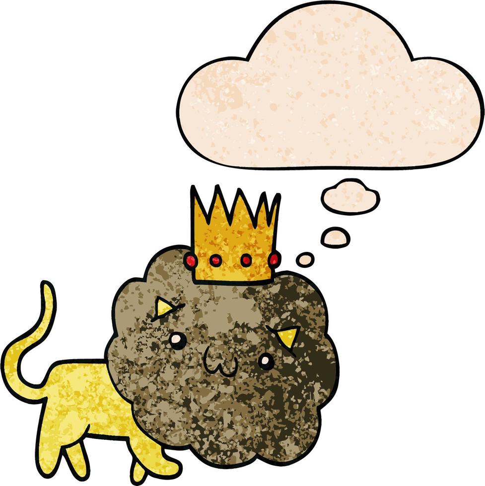 cartoon lion with crown and thought bubble in grunge texture pattern style vector