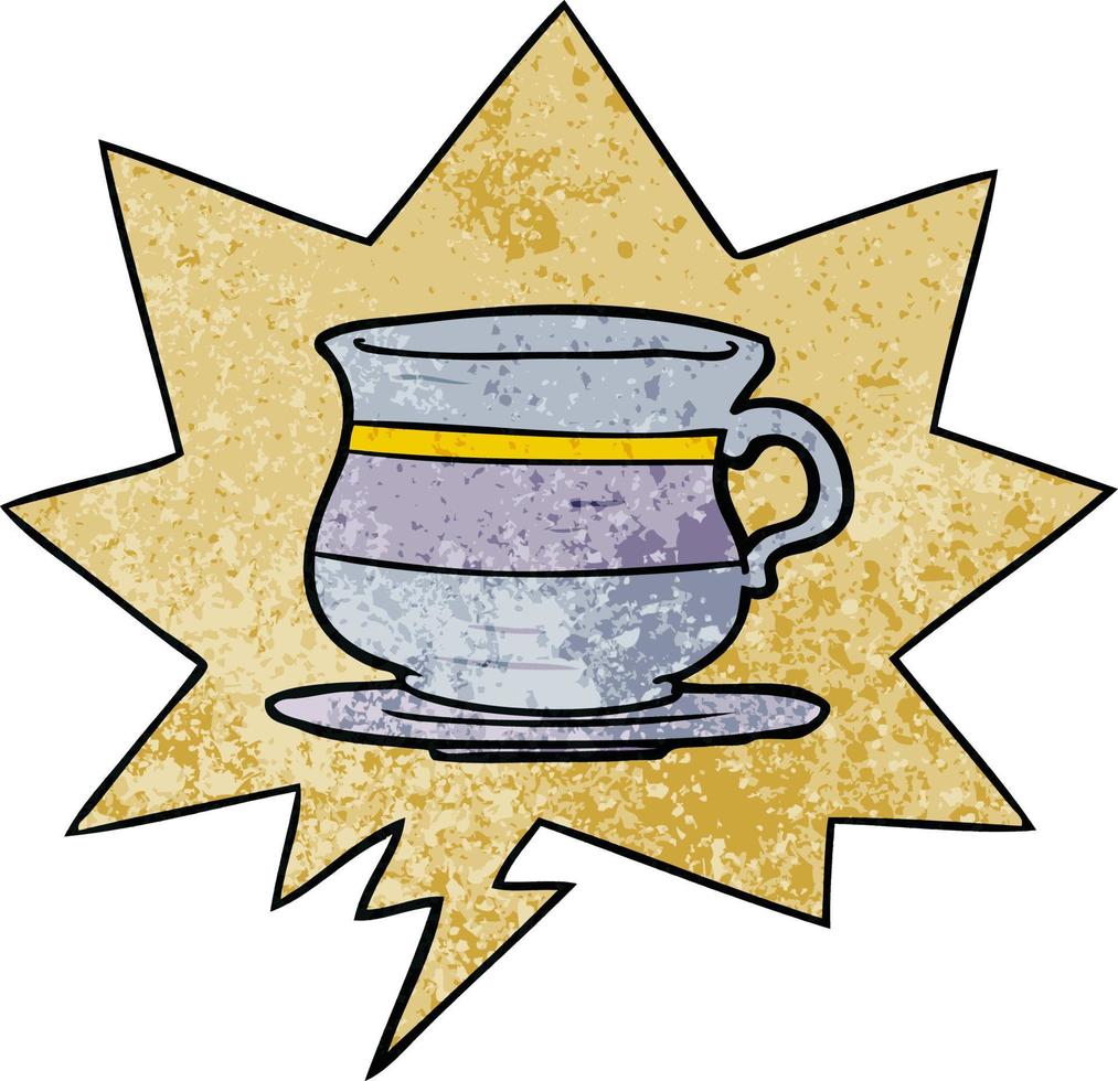 cartoon old tea cup and speech bubble in retro texture style vector