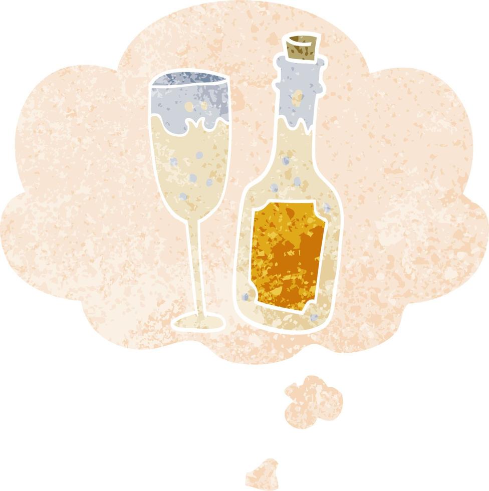 cartoon champagne bottle and glass and thought bubble in retro textured style vector