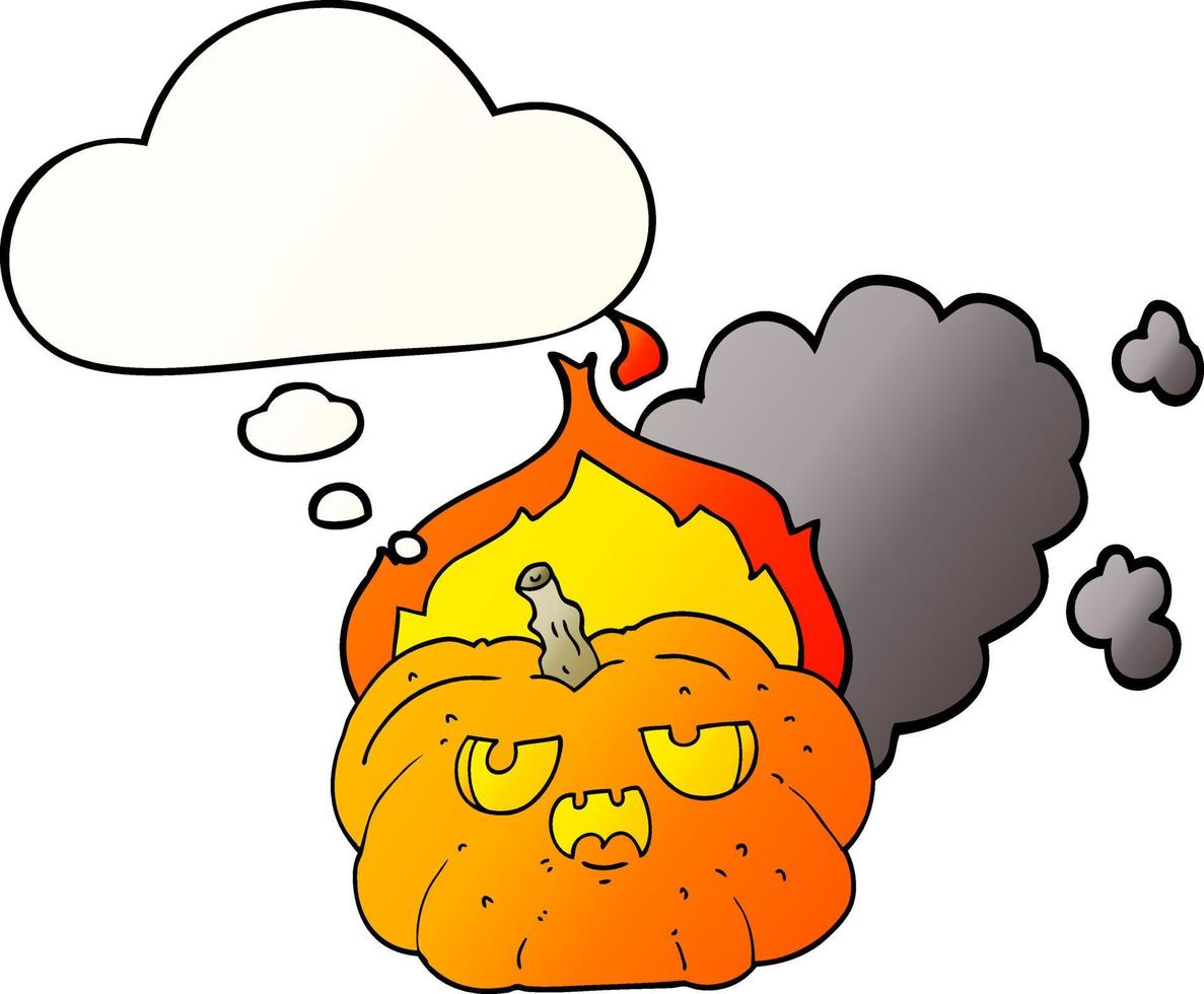 cartoon flaming halloween pumpkin and thought bubble in smooth gradient style vector