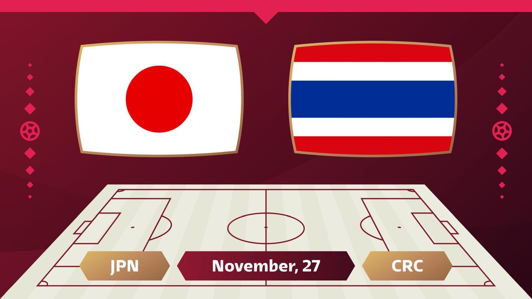 partido japón vs costa rica. partido del campeonato mundial de fútbol 2022 contra equipos en el campo de fútbol. fondo deportivo de introducción, póster final de la competición del campeonato, ilustración vectorial de estilo plano vector