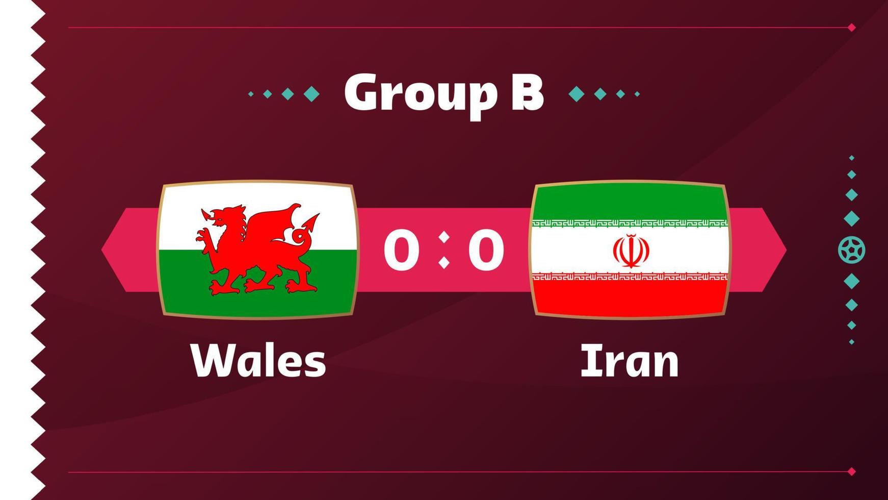 wales vs iran match. Football 2022 world championship match versus teams on soccer field. Intro sport background, championship competition final poster, flat style vector illustration