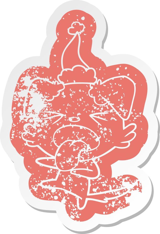 cartoon distressed sticker of a disgusted dog wearing santa hat vector