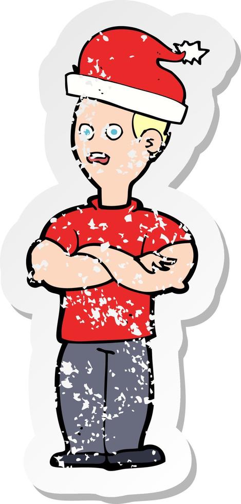 retro distressed sticker of a cartoon man ready for christmas vector
