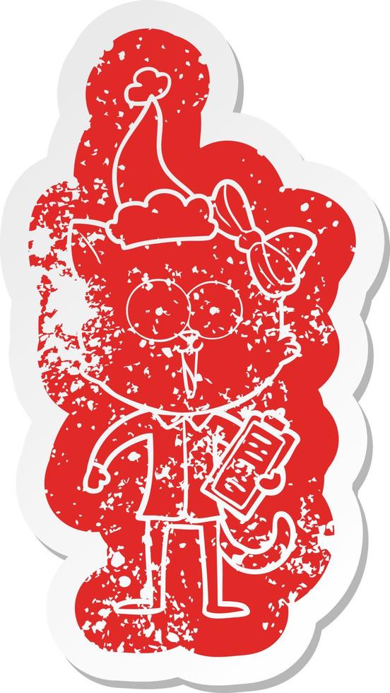 cartoon distressed sticker of a cat wearing santa hat vector