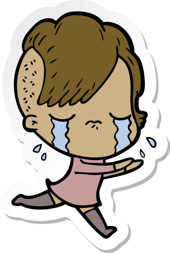 sticker of a cartoon crying girl running away vector