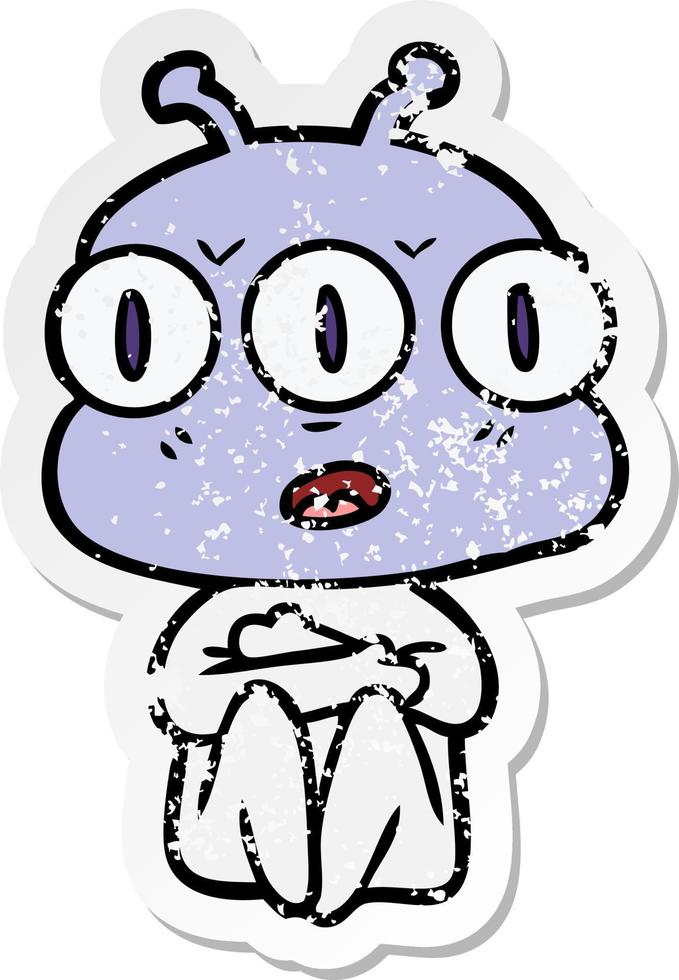 distressed sticker of a cartoon three eyed alien vector