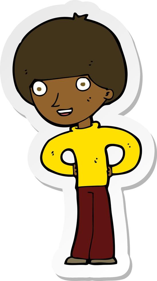 sticker of a cartoon happy boy with hands on hips vector