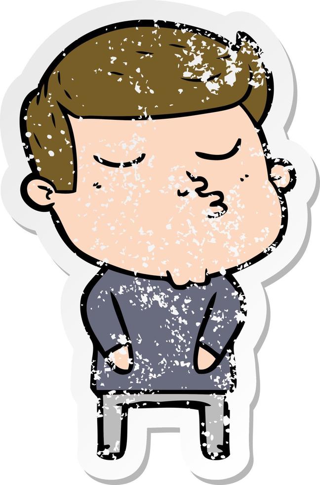 distressed sticker of a cartoon model guy pouting vector