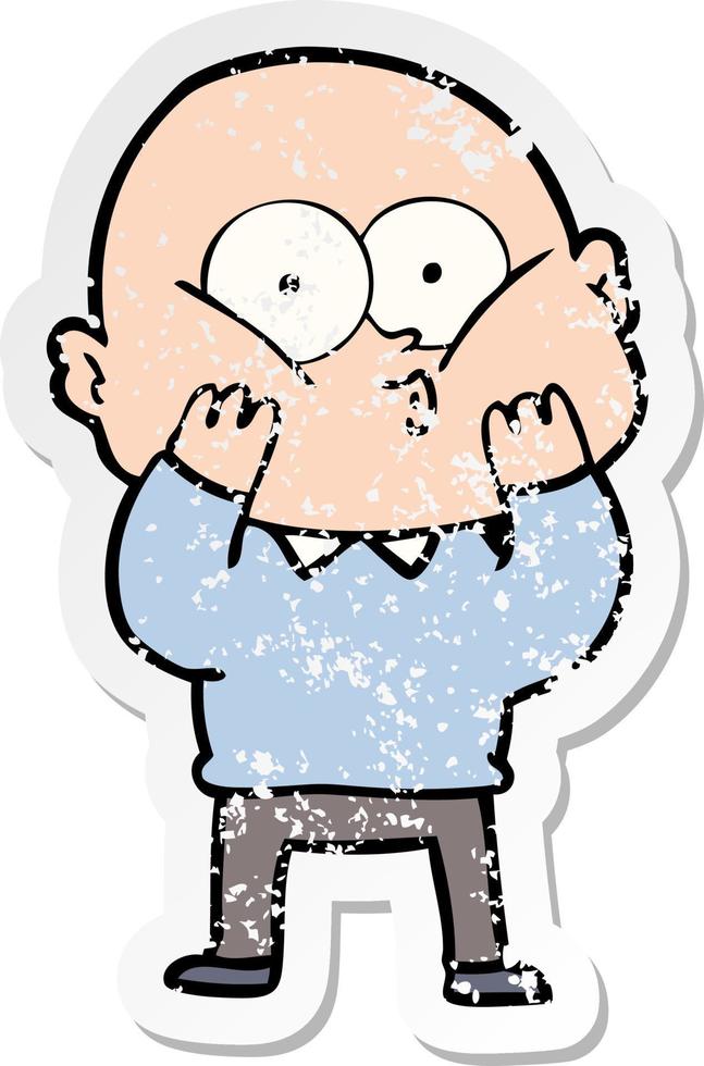 distressed sticker of a cartoon bald man staring vector