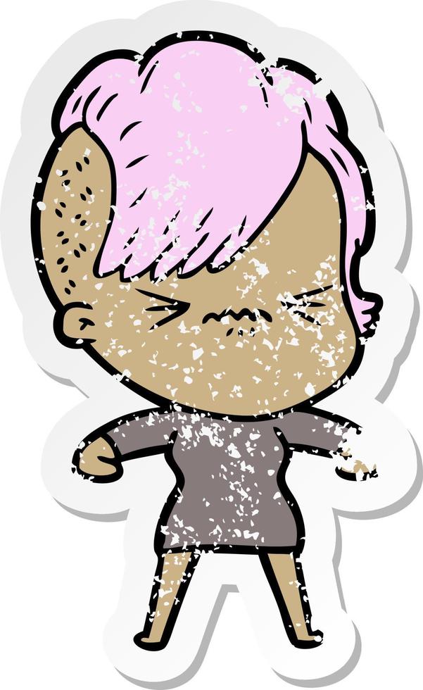 distressed sticker of a cartoon annoyed hipster girl vector