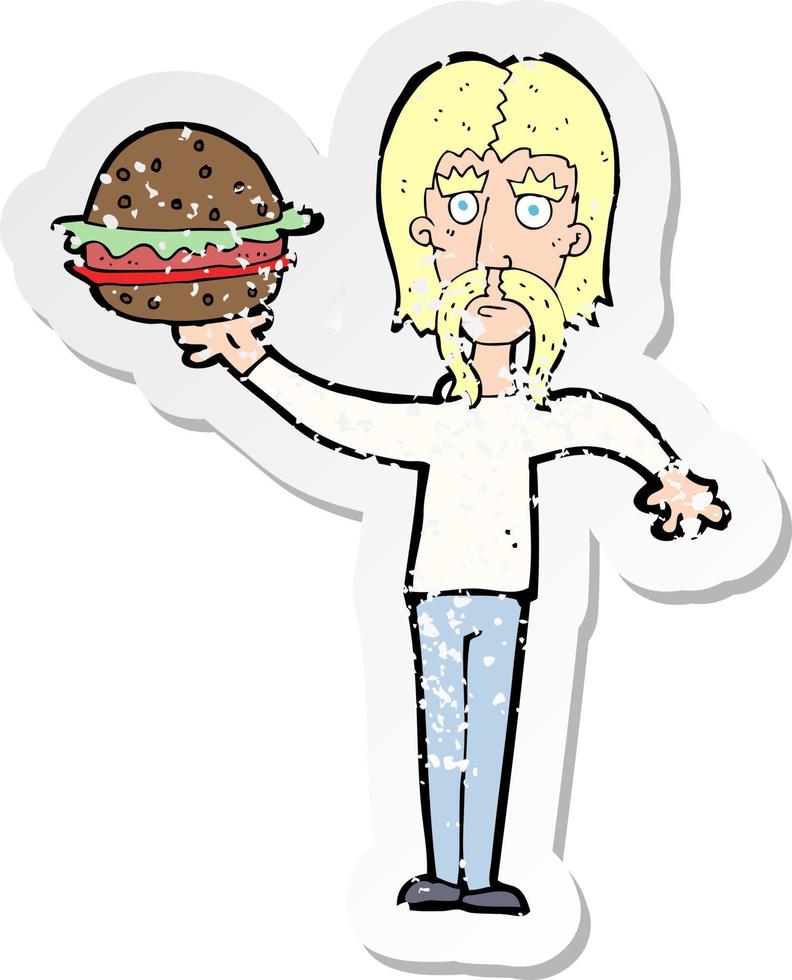 retro distressed sticker of a cartoon man with burger vector