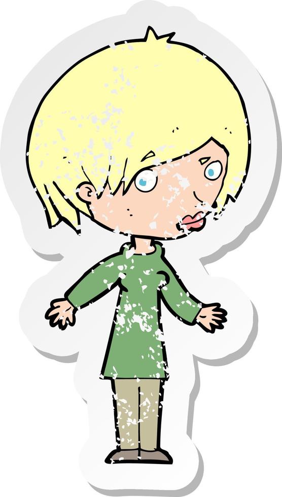 retro distressed sticker of a cartoon woman shrugging shoulders vector