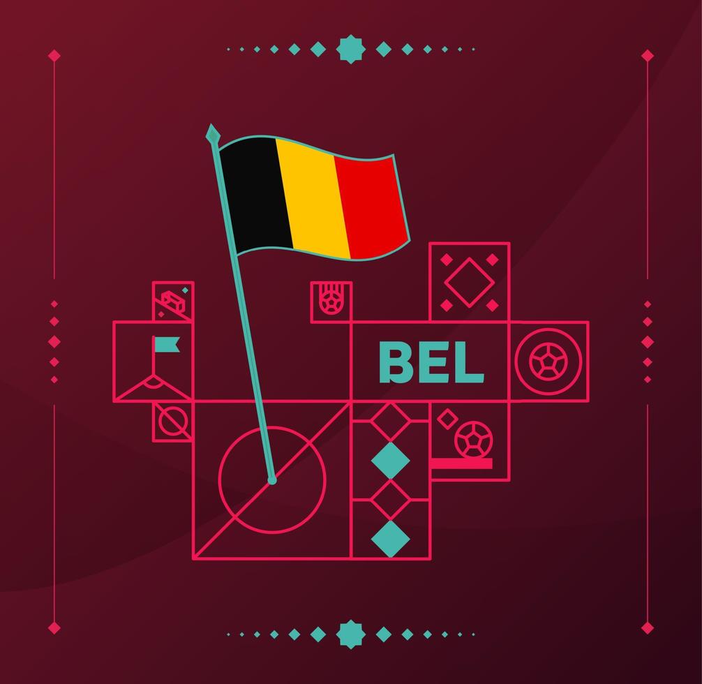 Bandera ondulada vectorial del torneo mundial de fútbol de Bélgica 2022 fijada a un campo de fútbol con elementos de diseño. Fase final del torneo mundial de fútbol 2022. colores y estilo del campeonato no oficiales. vector