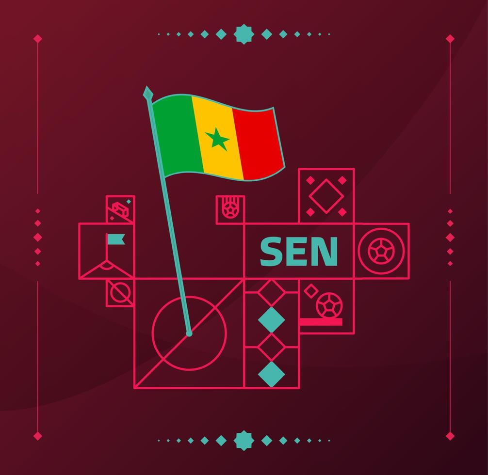 bandera ondulada vectorial del torneo mundial de fútbol de senegal 2022 fijada a un campo de fútbol con elementos de diseño. Fase final del torneo mundial de fútbol 2022. colores y estilo del campeonato no oficiales. vector