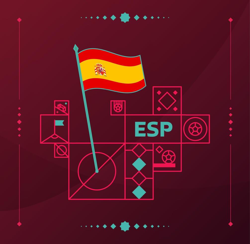 spain world football tournament 2022 vector wavy flag pinned to a soccer field with design elements. World football 2022 tournament final stage. Non Official championship colors and style.