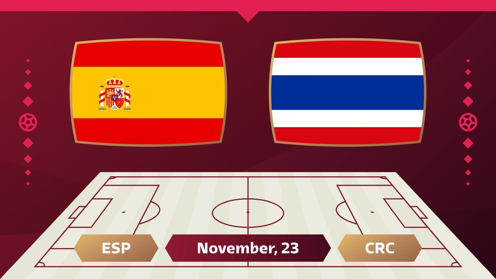 partido españa vs costa rica. partido del campeonato mundial de fútbol 2022 contra equipos en el campo de fútbol. fondo deportivo de introducción, póster final de la competición del campeonato, ilustración vectorial de estilo plano vector