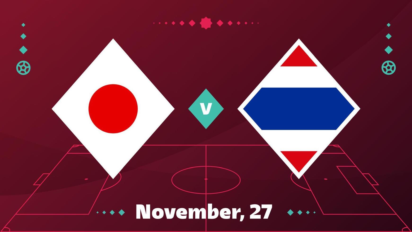 japan vs costa rica match. Football 2022 world championship match versus teams on soccer field. Intro sport background, championship competition final poster, flat style vector illustration
