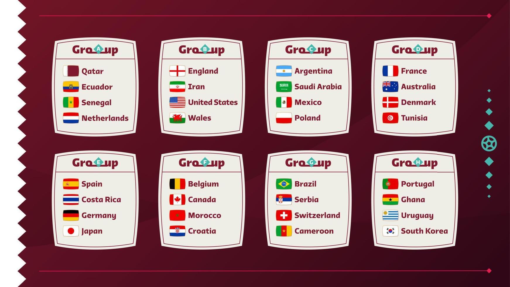 World football 2022 Groups and flags set. Flags of the countries participating in the 2022 World championship set. Vector illustration